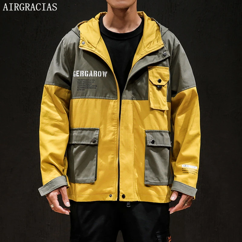 

AIRGRACIAS 2019 Man Jacket Autumn New Mens Zipper Hooded Jackets Coats Male Patchwork Oversize Cotton Outerwear Size M-5XL
