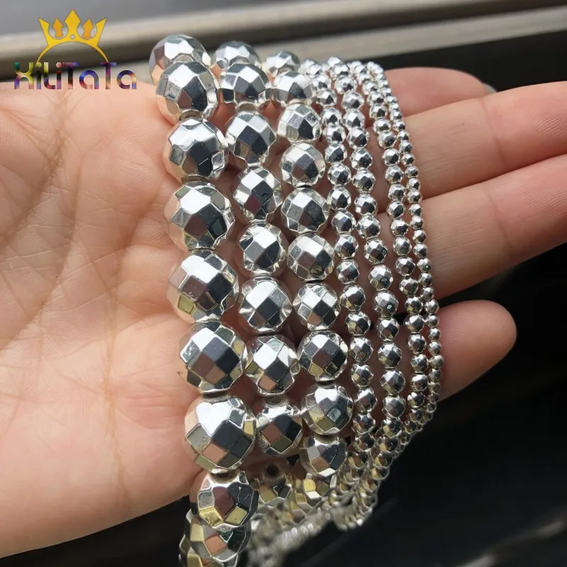 Facettierter Naturstein, versilbert, Hämatit, runde lose Perlen für Schmuckherstellung, DIY-Armband-Zubehör, 15''2/3/4/6/8/10/12 mm – Detail 9