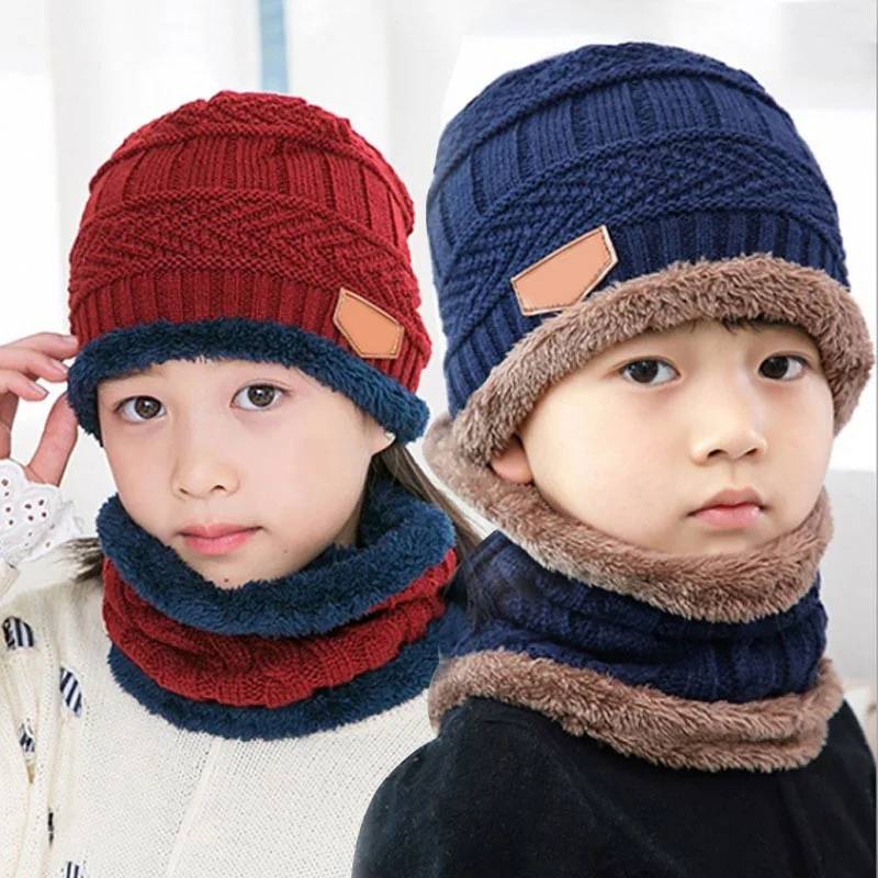

Autumn Winter New Knitted Wool Hats Thick Warm Knitted Cap Two-Piece Children's Hat Scarf Boy Girls Outdoor Beanie Skullies Hats