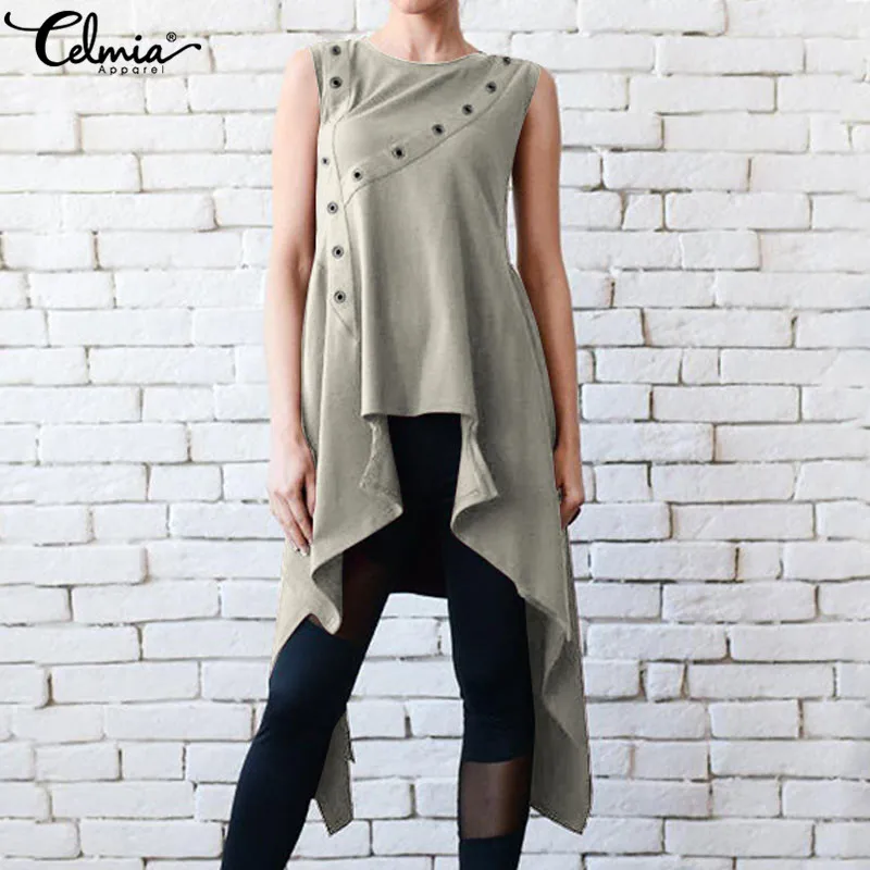 

Celmia Plus Size Summer Blouses Women Fashion Solid Sleeveless Ruffles Shirt Casual Round Neck Tops Ladies Asymmetrical Blusas 7