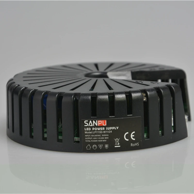 

DC 24V 150W Power Supply Unit 6A 24VDC LED Driver AC-DC Lighting Transformer 24 Volt Round Black Aluminum Thin for LEDs