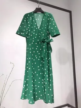 

New V Neck Green Polka Dot Dress Women Lace Up Short Sleeve Mid Calf Dress