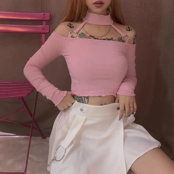

E-girl Off Shoulder Crop Tops Y2K T Shirts Hot Sale Long Sleeve Solid Short T-shirts for Women Clothing Crop Tops Fashion Autumn