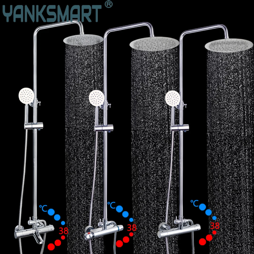 YANKSMART Thermostatic Bathroom Shower Faucet Set Wall Mounted Chrome Polished Bathtub Rainfall Shower Head Mixer Water Tap Kit