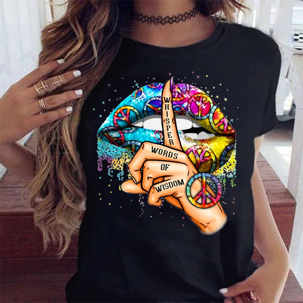 Graphic T-Shirt Black Tees Lips Women Tops O-Neck Funny Soft Female Sexy Kiss-Lip Summer