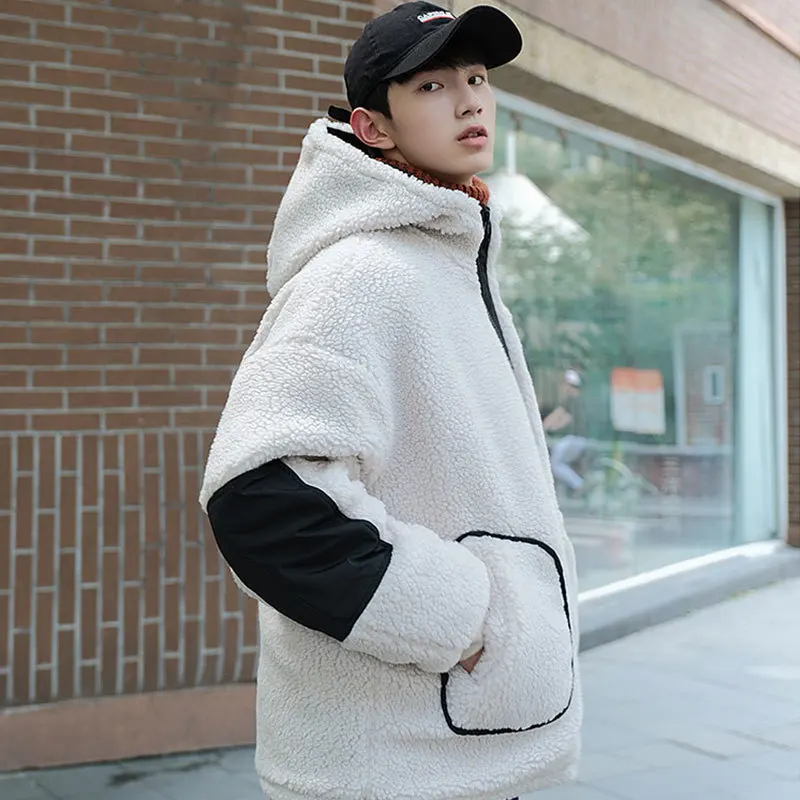 Liketkit зимние куртки и пальто для мужчин однотонная Лоскутная парка из овечьей шерсти с капюшоном для мужчин большие размеры корейские пары пальто-пузырь