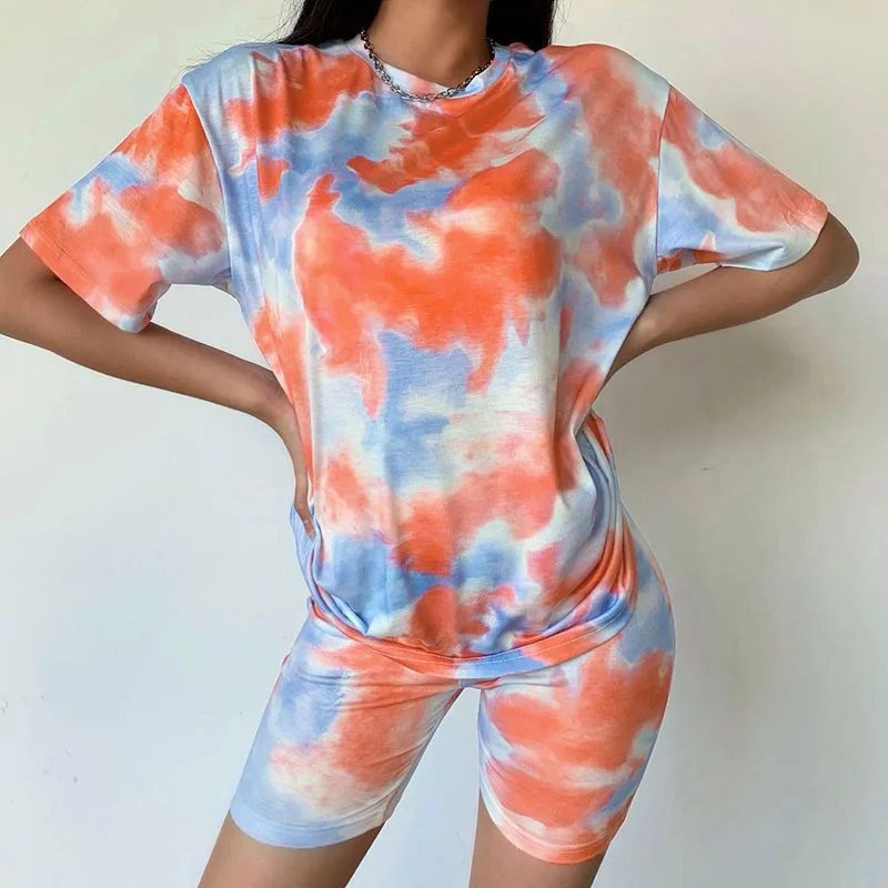 Darlingaga Casual Tie Dye Two Piece Set Women Tracksuit Fashion Summer Top and Biker Shorts Matching Sets Outfits Sportswear New