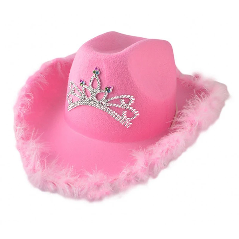 straw fedora Pink Tiara Western Style Cowgirl Hats For Women Girl Rolled Fedora Caps Feather Edge Beach Cowboy Hat Sequin Western Party Cap ^ felt fedora