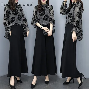 

2020 Womens OL Summer 2 Piece Sets Floral Print Flare Sleeve Long Top + Plus Size Black Pants Suit Elegant Women Vintage Sets