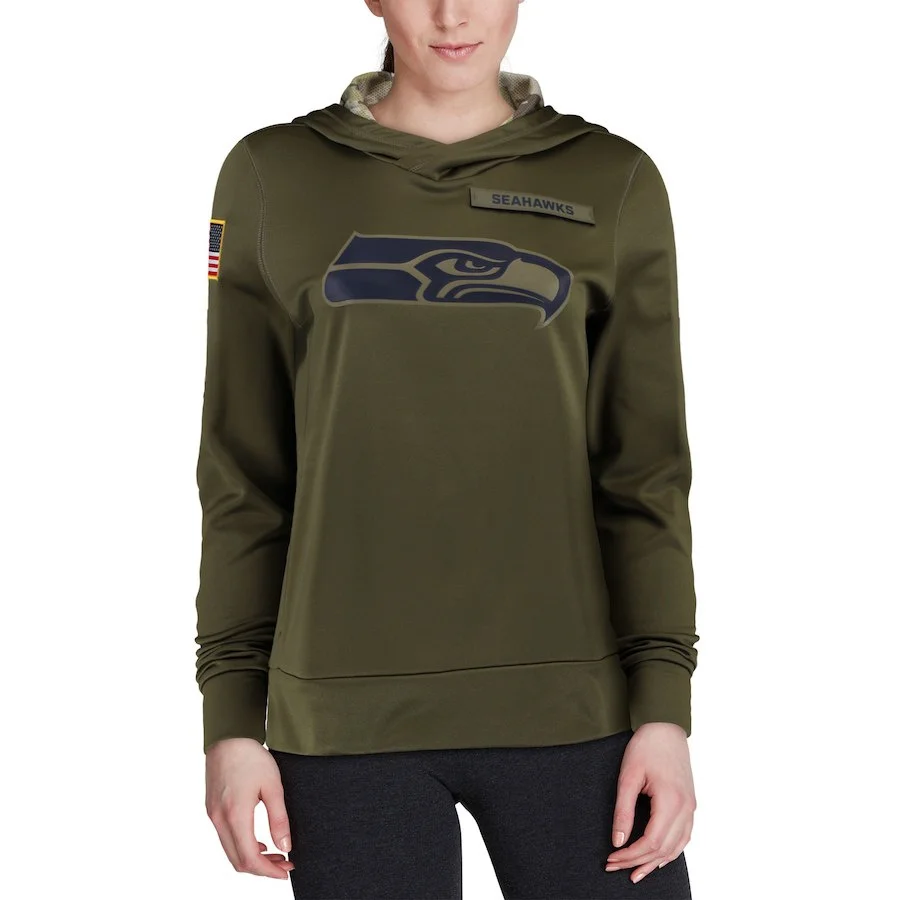 Сиэтл Толстовка Seahawks Салют для обслуживания Sideline Therma представление пуловер Американский Футбол Толстовка оливковый