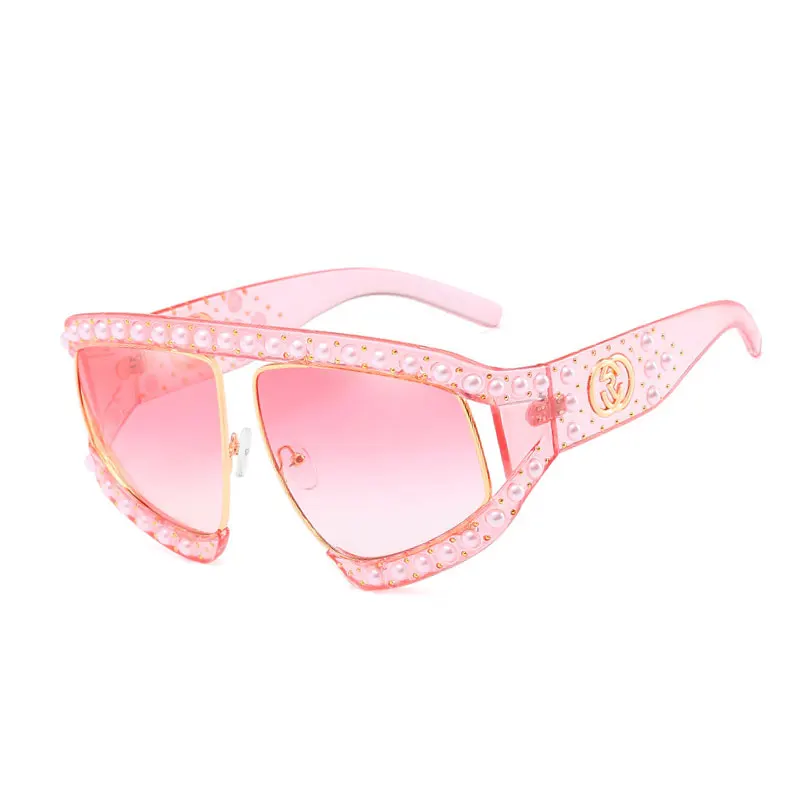 HUHAITANG Роскошные брендовые дизайнерские негабаритные Солнцезащитные очки женские квадратные мозаичные жемчужные солнцезащитные очки женские уличные негабаритные солнцезащитные очки для женщин - Lenses Color: Pink