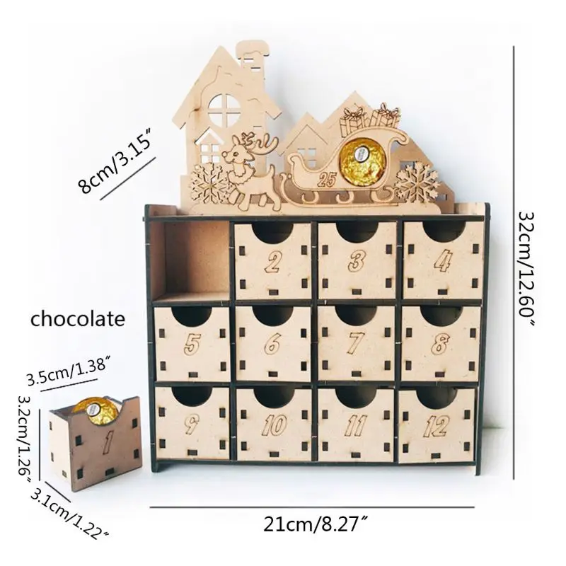 Рождество деревянный обратный отсчет Адвент календарь коробка DIY 24 ящика конфеты подарочные коробки