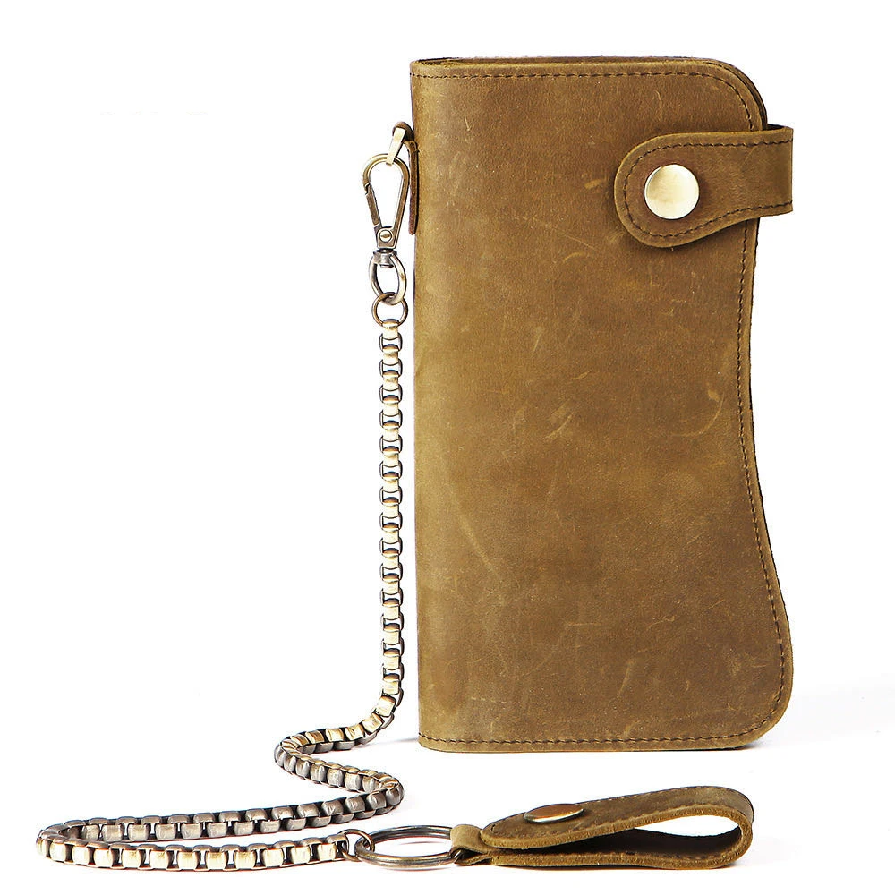 Crazy horse leather mens clutch bag Long wallet Vintage men's leather Chain security wallet Business billfold mens wallet