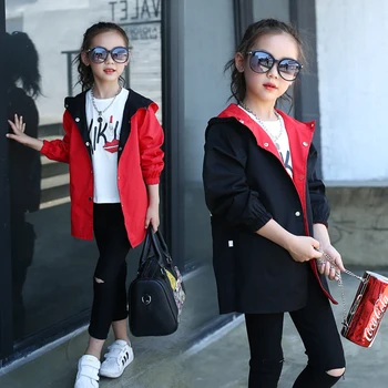 

Girl Windbreaker Kids Jacket with Hood Children 2019 Spring Autumn Fall Winter Reversible Coat Cardigan 4 to 13 Years