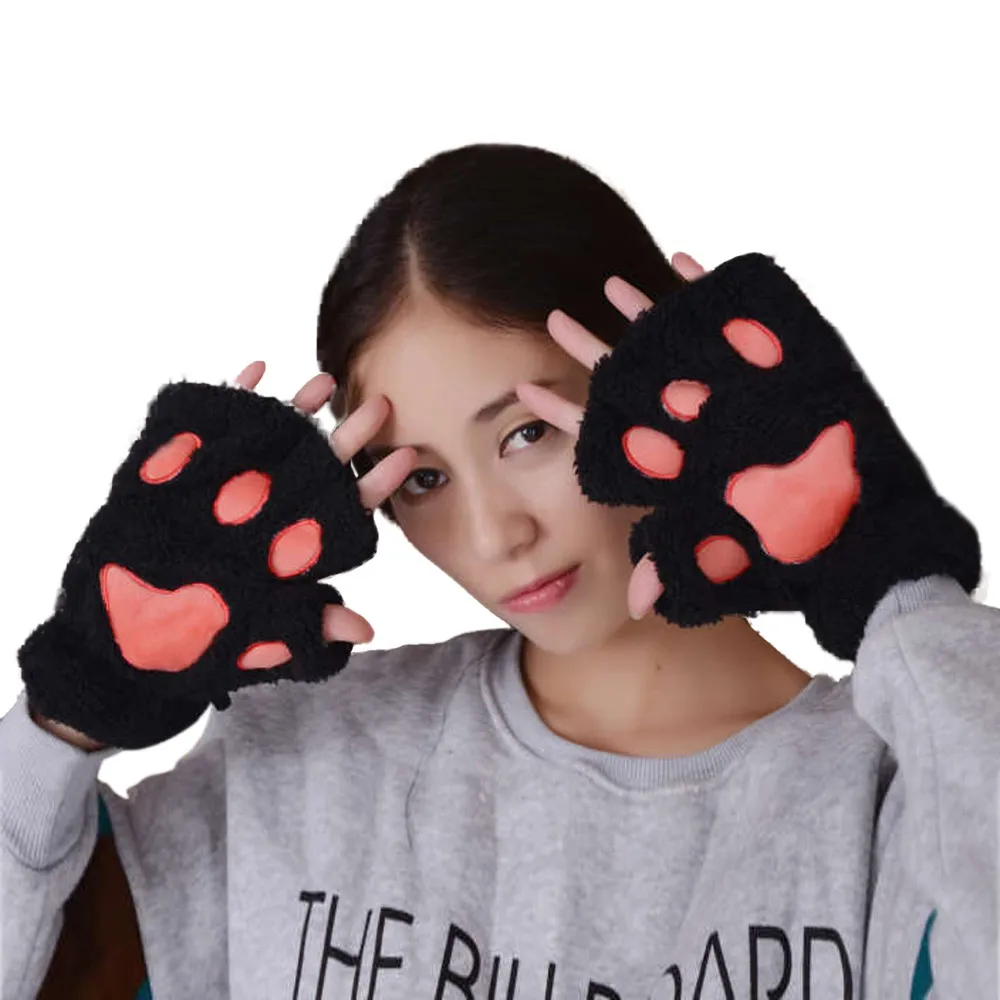 Women Plus Velvet Thickening Half-finger Flip Keep Warm Gloves Casual Cute Cartoon Dog Wrist Warmer Mittens#Zer