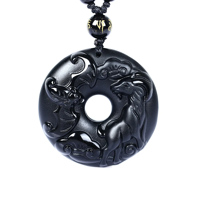 Natural Black Obsidian Beads Necklace Hand Carved Zodiac Sheep Safety