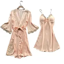 Женское сексуальное кимоно из искусственного шелка, ночная рубашка, комплект из 2 предметов, комплект одежды для сна, однотонная Цветочная кружевная Лоскутная Пижама Ночная сорочка