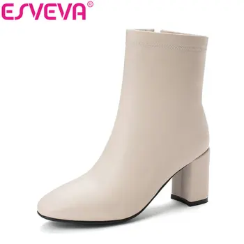 

ESVEVA 2020 Basic Women Shoes Winter Ankle Boots Pointed Toe PU + Leather Zipper Square High Heel Fashion Boot Size 34-43