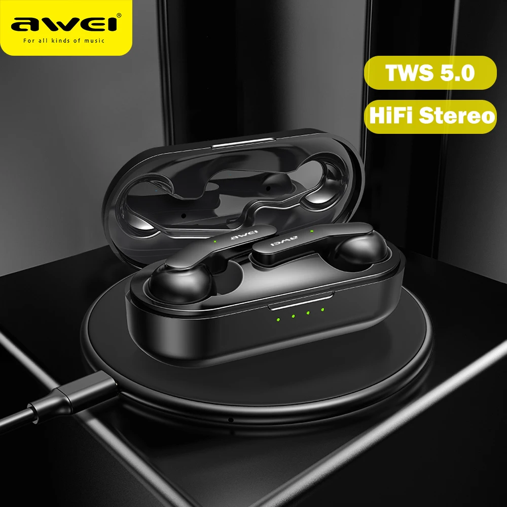 AWEI T10C TWS Bluetooth V5.0 новая версия наушники Беспроводная зарядка сенсорное управление