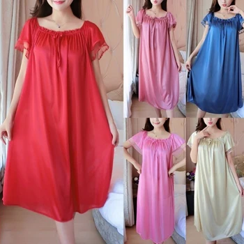 

Ice Silk Satin Nightdress Short Sleeve Sleepwear Nightgown Women Satin Sleeping Dresses Plus Size Nightwear Solid Round Neck