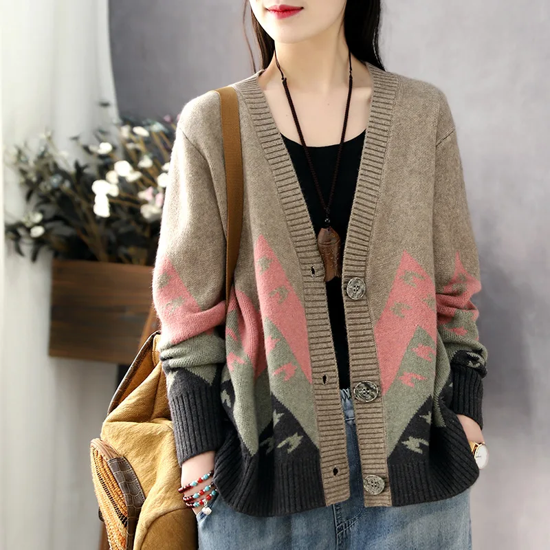 

2023 Retro Literary Spring And Autumn Fashion New Women's Cardigan Sweater Jacket Women's Large Size Loose Casual All-match