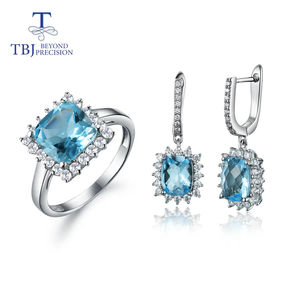

Blue topaz ring and earrings jewelry set natural gemstone cushion cut 925 sterling silver fine jewelry for women girl with box