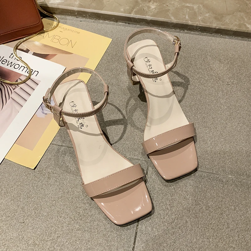 

Square Heel Sandals Women Summer Shoes 2020 Narrow Band Open Square Toe Beige Green Black Pink Soft Leather Sandels for Women