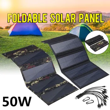 

50W Foldable Solar Panel 5V Sun power Solar Cells Bank Pack USB 10in1 USB Cable Waterproof for Phone Backpack Camping Hiking
