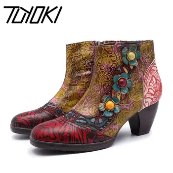 

Tuyoki Flower Women Ankle Boots Genuine Leather Vintage Print Mid Heels Shoes Autumn Winter Daily Women Footwear Size 36-42