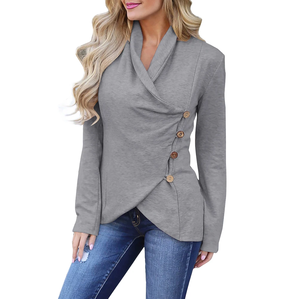 

Joineles 4 Colors Retro Women Lapel Long Sleeves Irregular Tops Autumn Solid Button Blouses Female Casual Tops Gray Pullovers