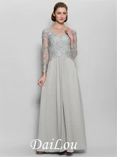 A-Line Mother of the Bride Dress Sparkle & Shine Scoop Neck Floor Length Chiffon Lace Long Sleeve with Appliques 2021