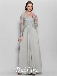 A-Line Mother of the Bride Dress Sparkle & Shine Scoop Neck Floor Length Chiffon Lace Long Sleeve with Appliques 2021