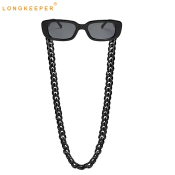 

LongKeeper New Fashion Rectangle Sunglasses With Glasses Chain Women Men Vintage Black Eyewear Hanging Neck Largands Straps