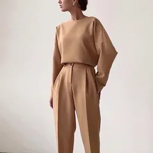 

High Waist Harem Suit Pants + Loose Long Sleeve Pullovers O Neck T Shirt Elegant Two Pieces Set Female Winter Autumn 2021 New