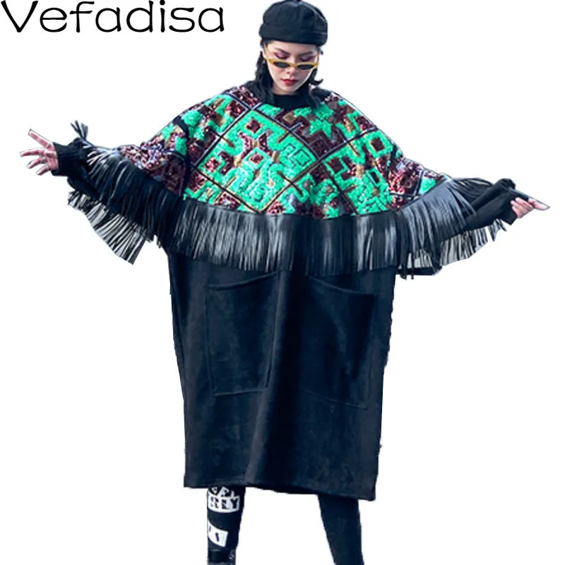 Vefadisa, весенне-осеннее женское платье с блестками и кисточками,, платье с круглым вырезом и длинным рукавом, пуловер, свободное платье в стиле пэчворк, черное, QYF1646