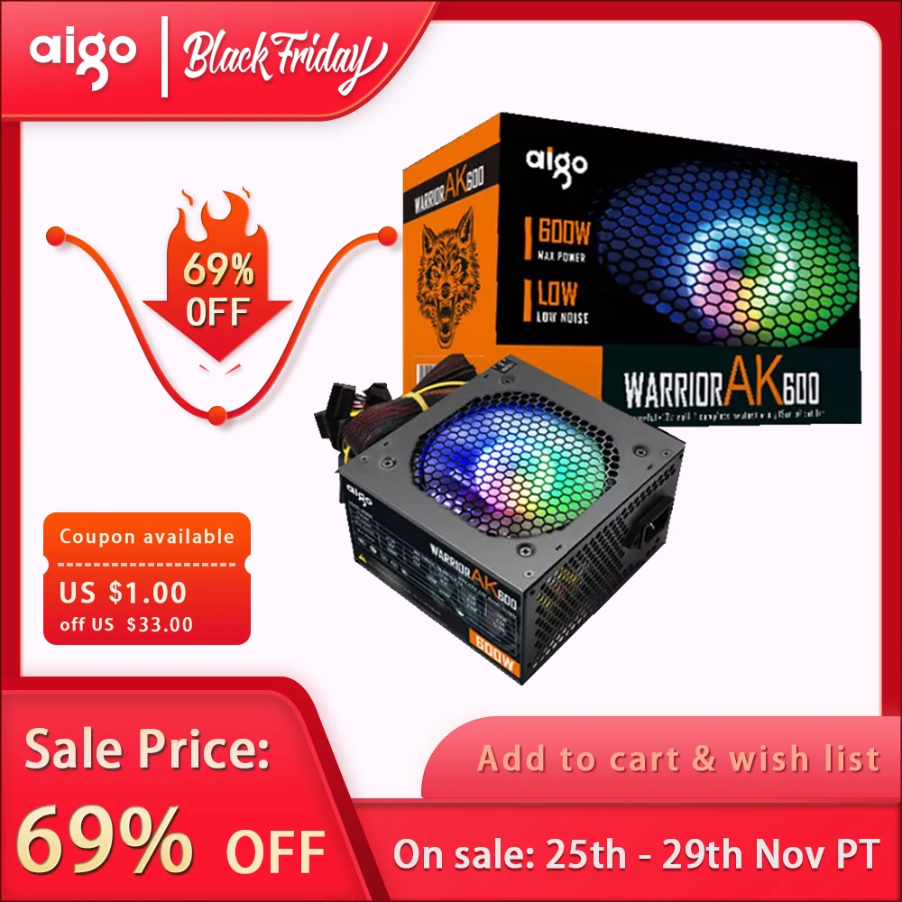 Блок питания Aigo AK для ПК 600 Вт черный тихий блок игр 120 мм rgb вентилятор 24 контакта 12