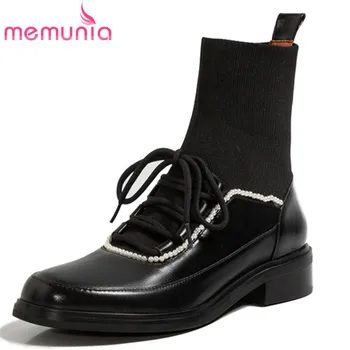 

MEMUNIA 2021 hot sale genuine leather +knitting stretch boots woman low heel casual shoes autumn winter pearl ankle boots woman