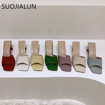 

SUOJIALUN 2020 New Women Fashion Slipper Med Strange Style Heel Sandal Ladies Elegant New Summer Bohemian Pumps Dress Slides