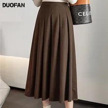 

DUOFAN Women's Long Pleated Winter Skirt High Waist Solid A-line Skirts Vintage Elastic White Black Chic Dresses Famale