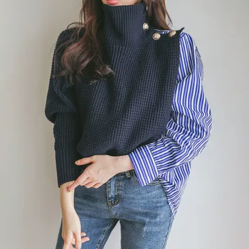 

Korean Women Turtleneck Chunky Oversized Sweater Patchwork Knit Sweaters Pullover And Jumper 2020 Spring Winter Knitted Top