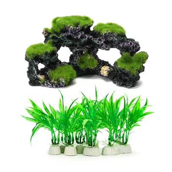 

11Pcs Fish Tank Decorations: 1 Pcs Resin Aquarium Coral Reef Moss Rock & 10 Pcs 10cm Plastic Artificial Aquarium Plants