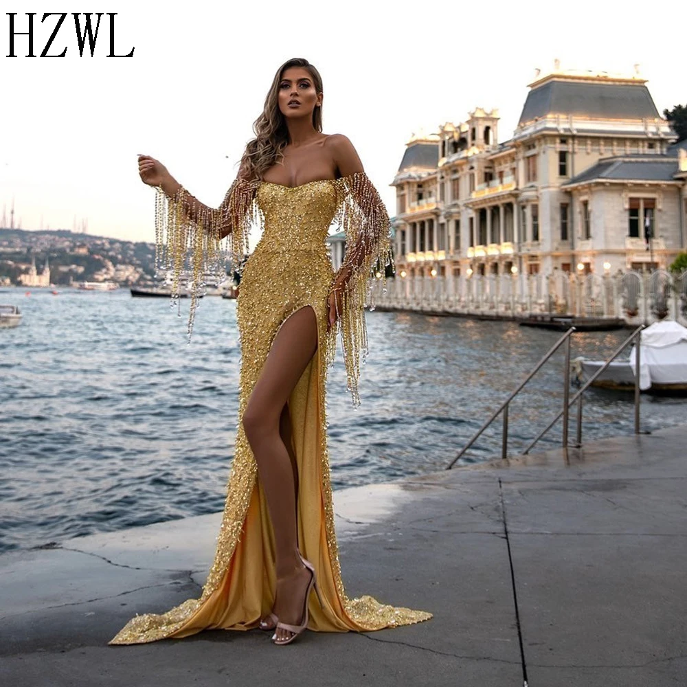 Sexy Sequins Mermaid Formal Evening Dresses Crystal Beaded 2020 Off the Shoulder Side Split Celebrity dresses suknie wieczorow Sexy Sequins Mermaid Formal Evening Dresses Crystal Beaded 2020 Off the Shoulder Side Split Celebrity dresses suknie wieczorow