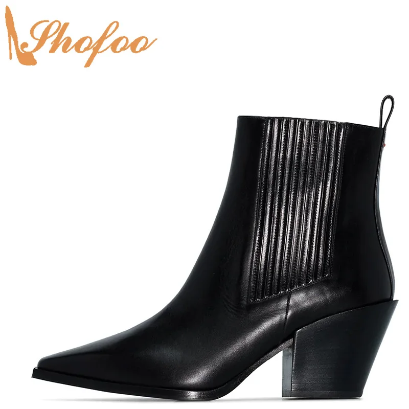 

Black Ankle Boots Woman High Chunky Heels Pointed Toe Elastic Booties Large Size 38 39 Ladies Winter Fashion Mature Shoes Shofoo