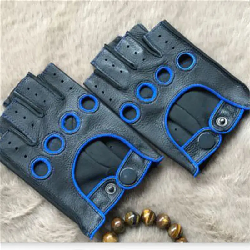 black blue Перчатки из натуральной кожи с открытыми пальцами для мужчин и женщин, высокое качество, оленья кожа, модные трендовые перчатки для вождения, мужские и женские, AM014 - Цвет: black blue