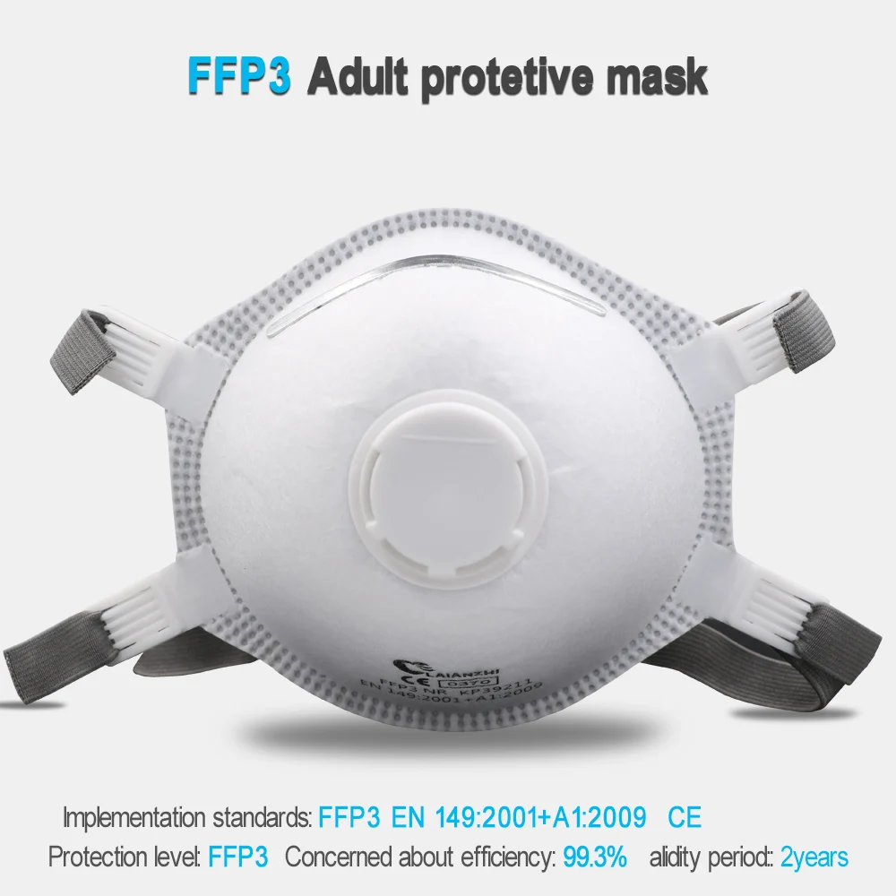 Masque FFP3 de couleur blanche, vue de profil montrant sa forme tridimensionnelle