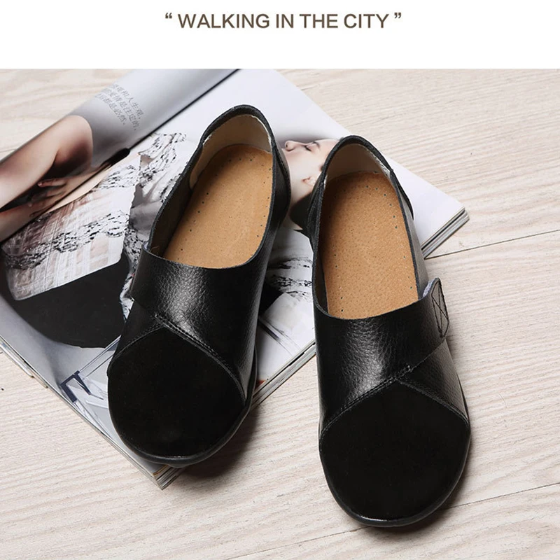 Woman's Flats Loafers Shoes Soft Genuine Leather Casual Shoes Big Size 35-44 Mocassin Boat for Women Hook Loop de mujer women shoes women flats casual shoes