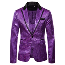purple Блестящий мужской блестящий пиджак с блестками, королевский синий блейзер на одной пуговице, Мужская модная одежда для ночного клуба, певицы, одежда для сцены, Chaqueta Hombre XXL - Цвет: purple