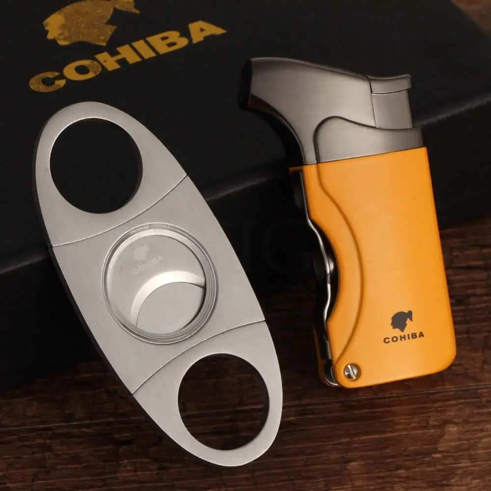 

COHIBA Set 1 Torch Cigar Lighter Gas Windproof Butane Lighters Built-in Cigar Punch Metal Cigars Cutter Sharp Blade W/ Gift Box