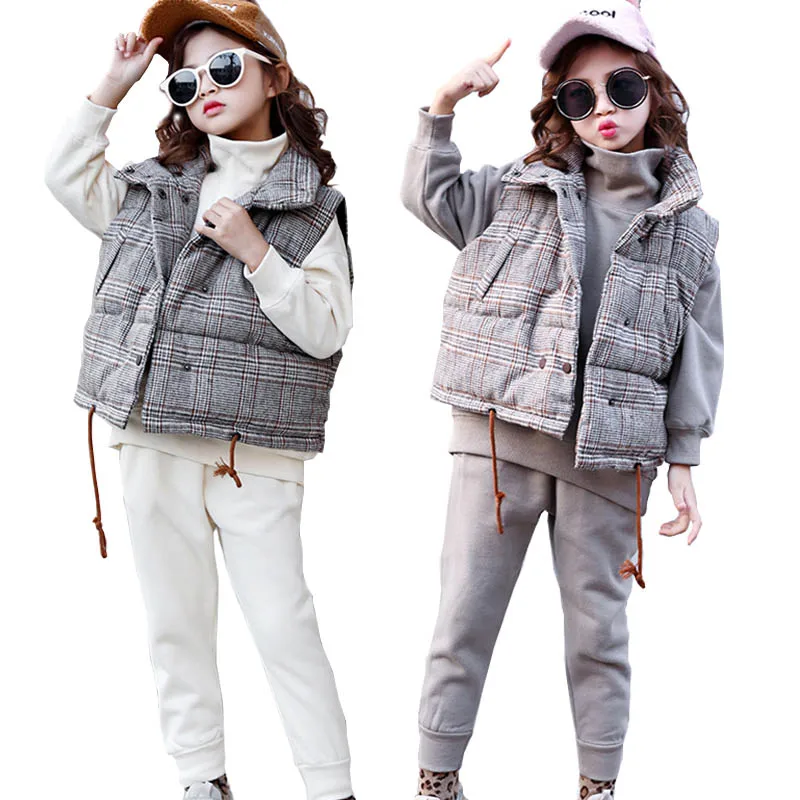 

Girls Clothes Sets Winter Girls Sport Suit Children Clothing Plaid Sweater Fleece Thick Kids Tracksuit Teenager Kids Outfits