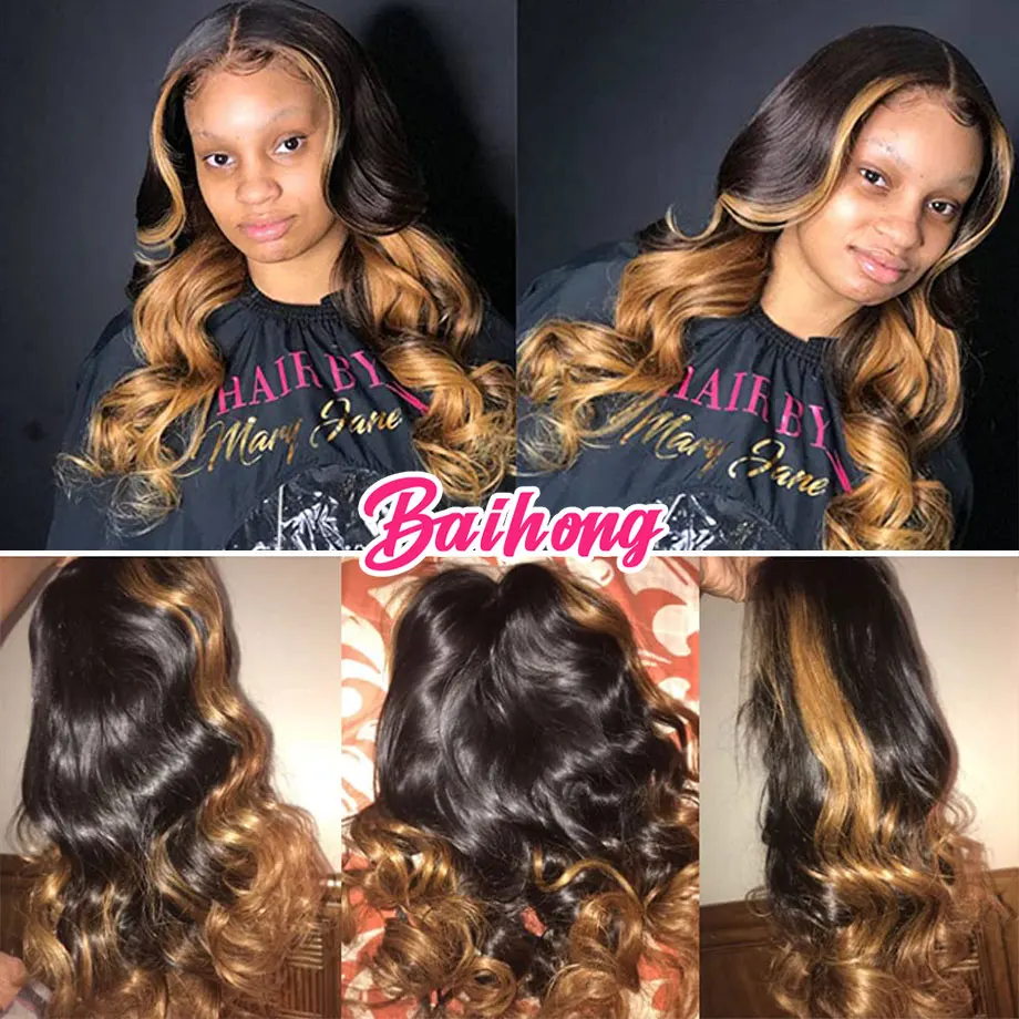 1B430 Colored Brown Lace Front Human Hair Wigs With Blonde Highlight HD Transparent Lace Frontal Wig Ombre Body Wave Wig On Sale